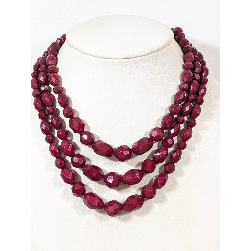 Red Pink Layered Bead Statement Necklace Multi Strand Faceted Chunky 17"